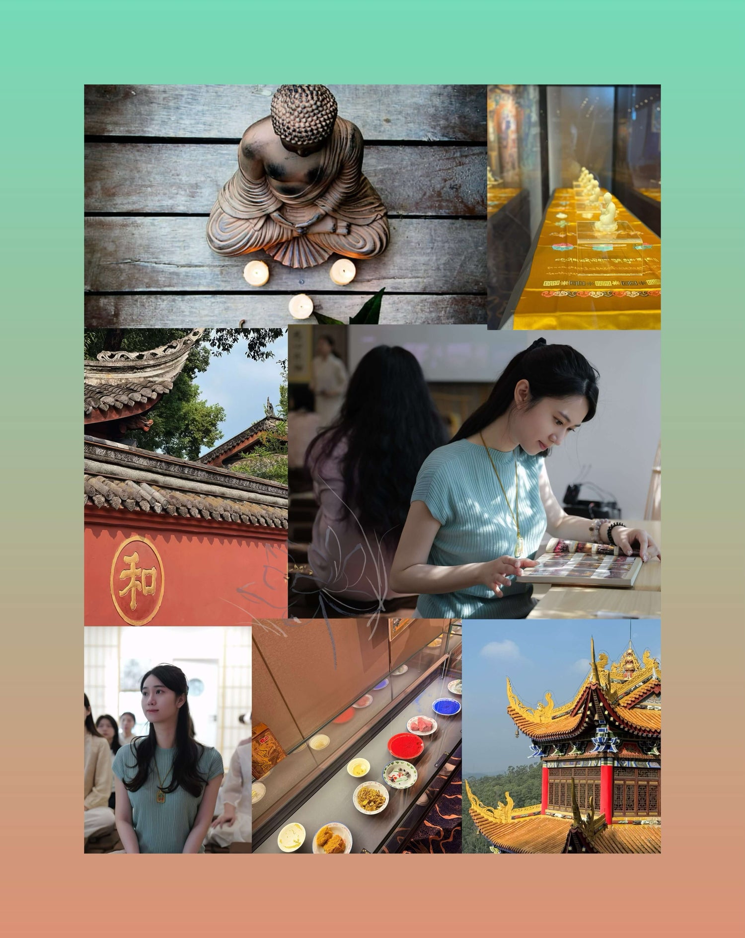 Buddha statue with woman in blue shirt and traditional architecture background
